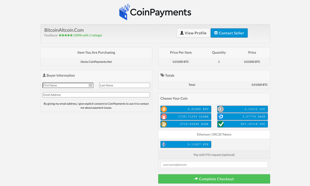 Coinpayments Hosted Checkout Page